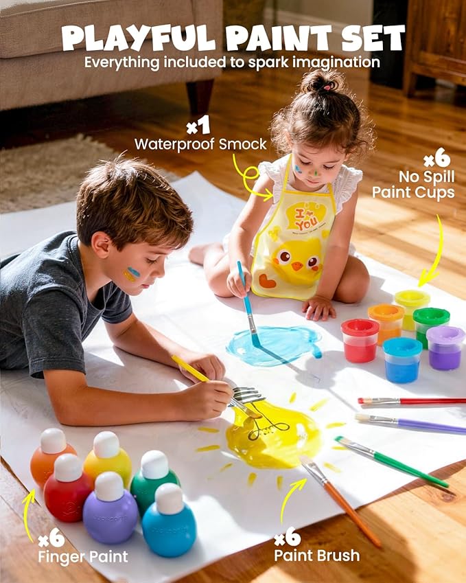 JUPITEARTH 6 Colors Washable Tempera Paint for Kids, 4.06oz(120ml) Non Toxic Finger Paint for Toddlers, Set Included Brush, Cups, Art Smock