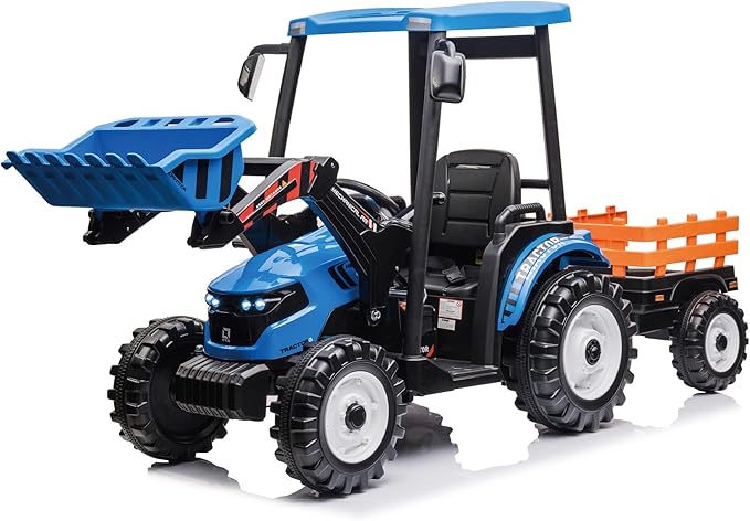 24V Kids Ride On Tractor w/Remote Control, 3IN1 Riding Tractor w/Trailer&Front Loader, Power Wheels 24V Ride on Toys for Boys Girls, Kids Ride on Excavator Toy (Blue Tractor with Trailer&Front Loader)