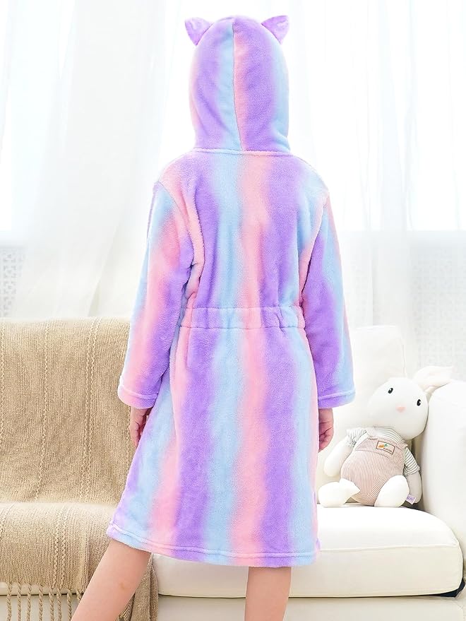 Doctor Unicorn Girls Leopard Cat Robe Kids Fleece Warm Hooded Bathrobe