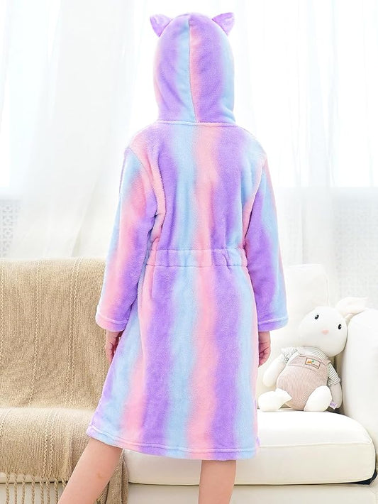 Doctor Unicorn Girls Leopard Cat Robe Kids Fleece Warm Hooded Bathrobe