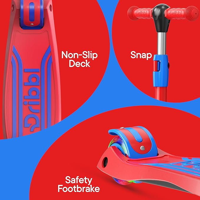 Dribbl 3-Wheel Kids Scooter - Lean-to-Steer Technology, Adjustable Height Handlebar, Anti-Slip Deck, Scooter for Boys & Girls Ages 3+, Child Safety Approved, Support Riders Up To 165 lbs, Red and Blue