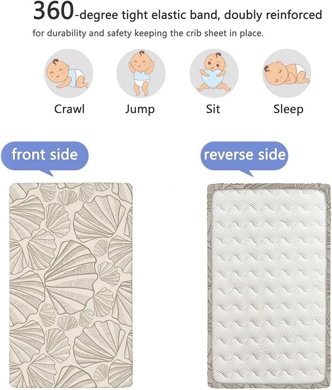 Seashells Themed Fitted Mini Crib Sheets,Portable Mini Crib Sheets Soft and Breathable Bed Sheets-Baby Crib Sheets for Girl or Boy,24“ x38“,Tan and Beige