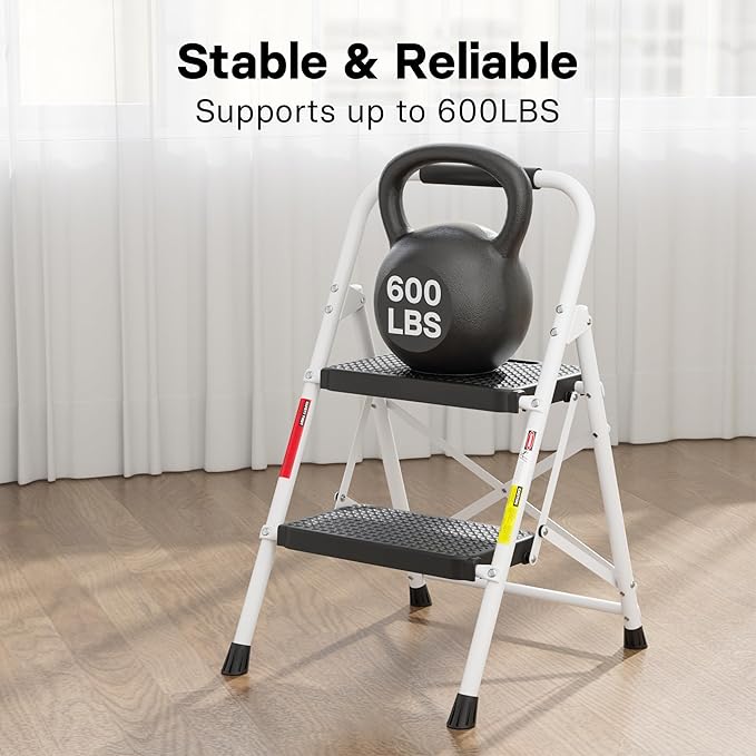 BONTEC 2-Step Ladder, Folding Step Stool, 600lbs Max Load Capacity, Sturdy Steel, Non-Slip Pedals, Lightweight, Portable Steel Ladder with Convenient Handrail, Safety Design for Home & Work, White