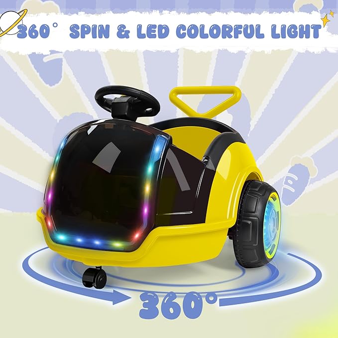 ANPABO 3-in-1 Electric Push Ride On Car, 12V Kids Ride On Toy w/Remote Control, 360° Spin, 5-Point Safety Belt, Colorful LED Light, Music Player, Push Car for Toddler Ages 1-3 (Yellow)