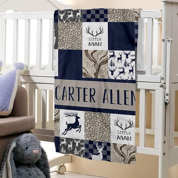 Personalized Baby Crib Bedding Set: 4 Piece Custom Gift Crib Bed Set with Name - Navy Deer Design, Nursery Bedding Set for Baby Girls,Newborn Boys Girls Crib Sets, Crib Bedding Shower Gifts