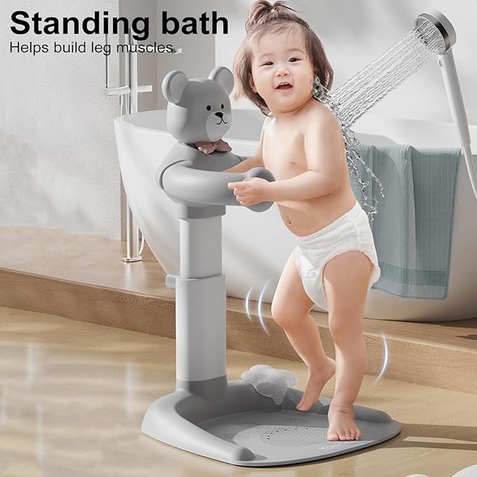 Adjustable Height Baby Shower Stand with Anti-Slip Base - Portable Bath Helper for Infants & Toddlers (8-36 Months), Safe Standing Bath Support & Tub Assistant Grey Duck