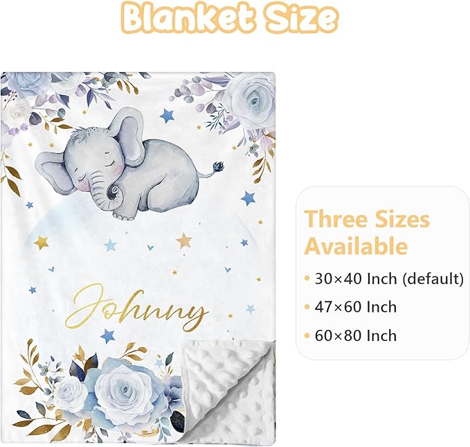 Custom Baby Bedding Set, 3 Pcs Personalized Name Crib Bedding Set for Nursery, Cute Baby Crib Set with Double Layer Blanket for Boys Girls, Customized Gifts for Toddlers Infants, Blue Elephant