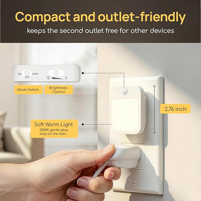 Plug-in Night Light with Motion Sensor, Dusk-to-Dawn Light Sensor, Stepless Dimming LED Night Lights for Bedroom, Hallway, Bathroom, Kids Room, Energy Efficient, 2-Pack