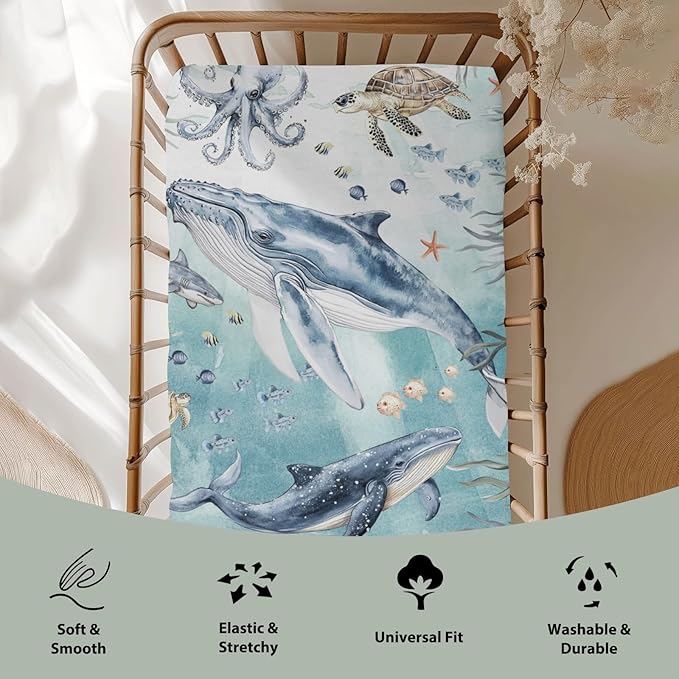 Under The Sea Baby Crib Sheets Boy Girl 52"x28" Boho Whale Shark Turtle Fishes Coral Seaweed Soft Snug Fitted Crib Mattress Cover Ocean Marine Coastal Baby Sheet for Standard Crib & Toddler Mattress