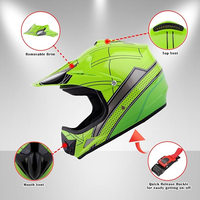 WOW Youth Kids Motocross BMX MX ATV Dirt Bike Dianosour Helmet Dragon + Goggles + Martian Youth Glove Bundle: HJOY MG Bundle