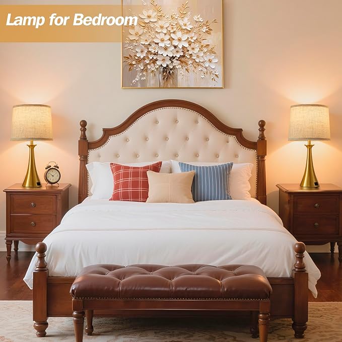 Hikczc Touch Lamp for Living Room Bedroom, 21" Table Lamps Set of 2 with USB C+A Ports, Touch Bedside Lamps for Nightstand with 3 Way Dimmable, 2 LED Bulbs Included, Gold