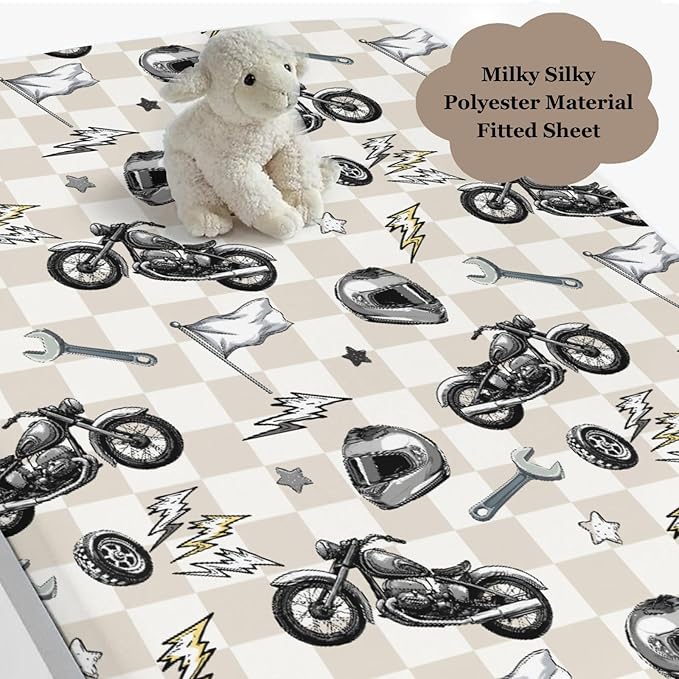 Cute Motorcycle Flag Plaid Baby Crib Sheet for Boys & Girls 28"x52" Motor Bikes Stars Fitted Crib Mattress Cover for Standard Crib and Toddler Mattress Race Vehicles Bed Sheets Plaid One Size