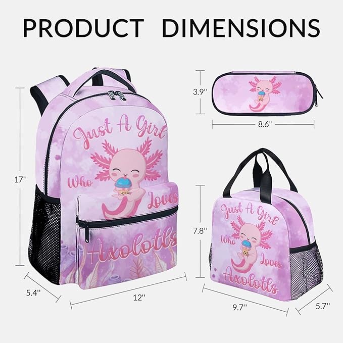 COZYAURA Kids Backpack with Lunch Box - Cute Axolotl Preppy Backpack for School - Lightweight Pink Backpacks for Girls
