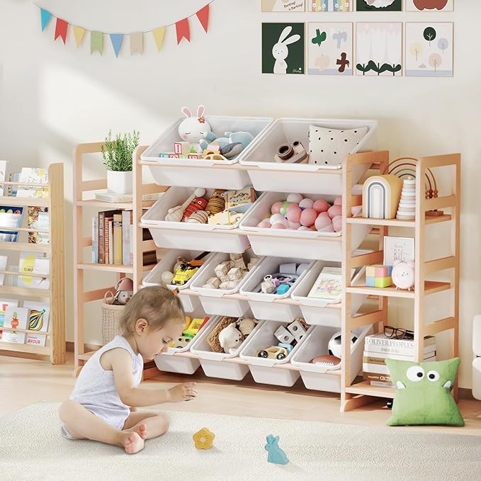 PTINFLUCE Wooden Toy Storage Organizer with 6 Shelves and 12 Bins, Toy Organizer Storage Kids Bookshelf, Toy Shelf for Playroom, Nursery, and Bedroom
