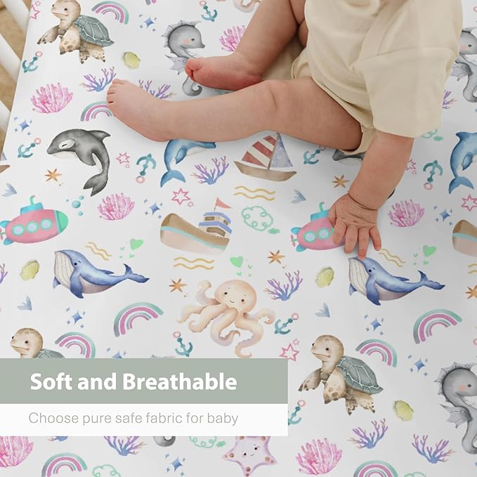 Colorful Ocean Animals Baby Crib Sheets for Boy Girl 52x28Inch Sea Horse Turtle Whale Rainbow Corals Soft Snug Fitted Crib Mattress Cover Marine Life Baby Sheet for Standard Crib & Toddler Mattress