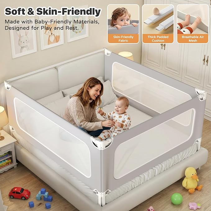 MagicFox 3 Piece Full Size Bed Rail for Toddlers, Upgraded Height Adjustable Baby Bed Rail Guard, Thickened Child Safety Bed Rails for Full Size Beds (74.8"x74.8"x54" Gray)
