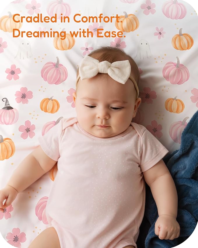 Halloween Baby Crib Sheets, Fitted Crib Sheet for Standard Crib and Toddler Mattress, Pink, Pumpkin, Black Cat