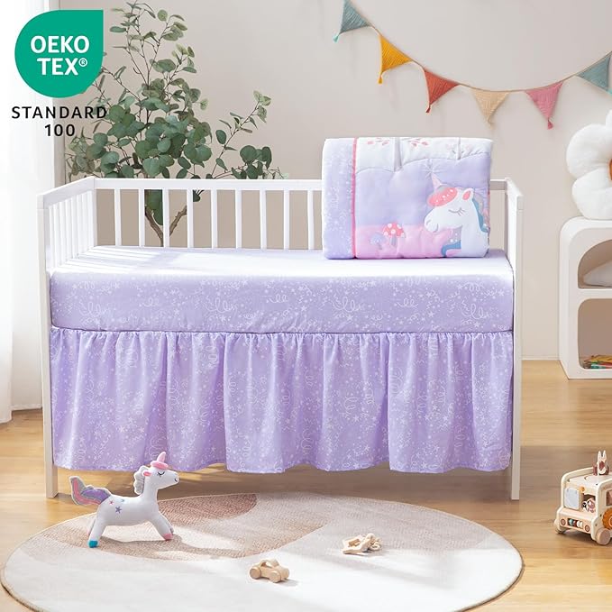 4-Piece Crib Bedding Set for Baby Boys Girls, Infant Toddler Nursery Baby Bedding Sets Includes Cartoon Quilt, Fitted Crib Sheet, Crib Skirt and Plush Unicorn Toy