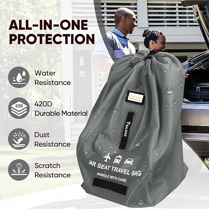 BALEINE Car Seat Travel Bag for Airplane, Water-Resistant Car Seat Bags for Air Travel, Foldable Cover with 3 Handles, Fits Toddler Carseat, Convertible and Booster Seats (Gray)