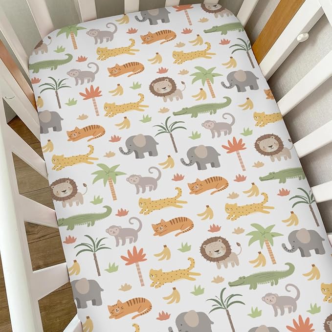 Jungle Safari Animal Baby Crib Sheets for Boys Girls Cute Lion Leopard Elephant Monkey Soft Snug Fitted Crib Mattress Covers for 52''x28'' Standard Crib & Toddler Mattress Safari Adventure Bed Sheets