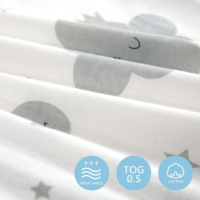 TILLYOU 2 Pack Baby Sleep Sack 12-18 Months 100% Cotton Wearable Blanket 0.5 TOG Sleeveless Summer Sleep Sacks with 2-Way Zipper, Grey Elephant & Cloud
