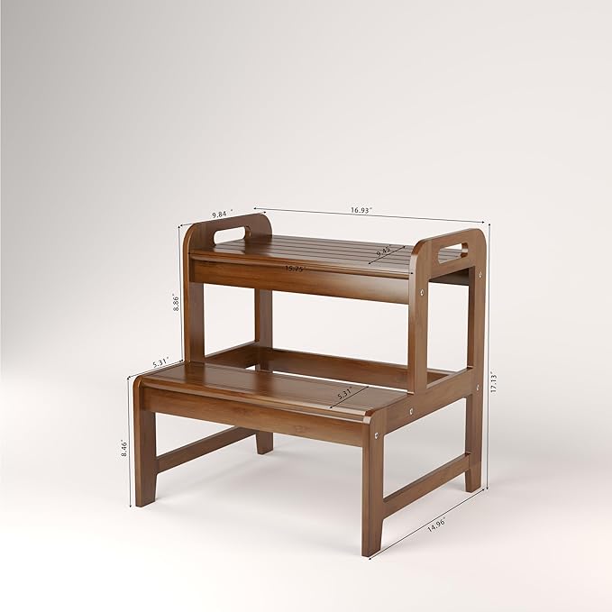 BALANBO Step Stool for Kids Bamboo Toddler Two Steps Stool with Anti-Slip and Handles Stairs 300 lbs Capacity for Bathroom Kitchen Bedroom(Brown)