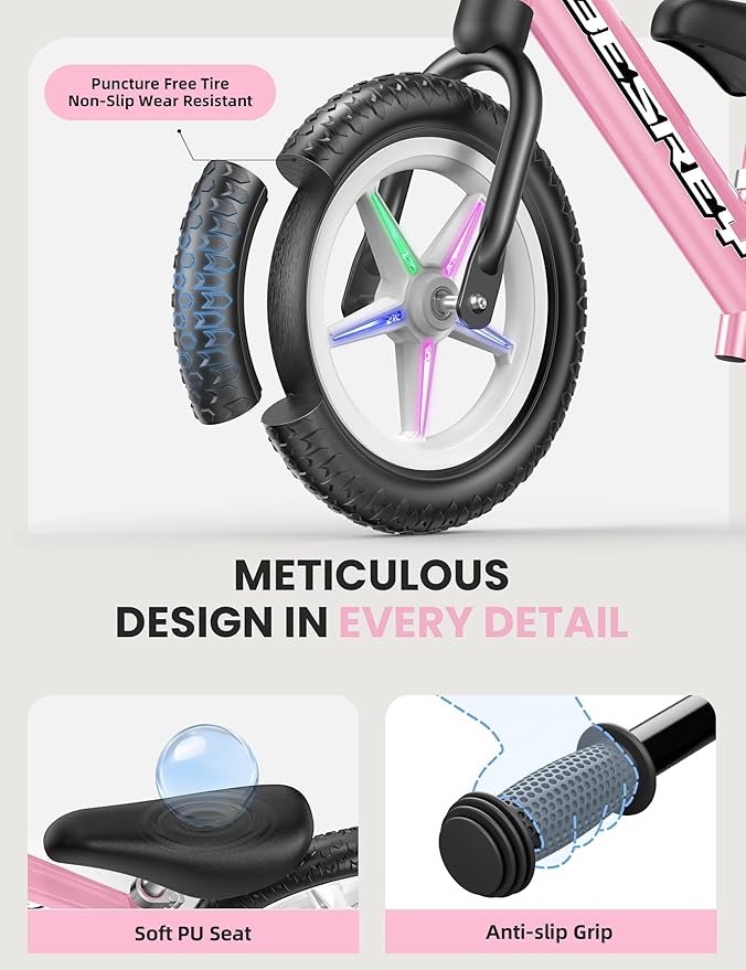 besrey Toddler Balance Bike 2 Year Old: Sturdy All-Metal Frame + 12" Auto-Light Wheels & Bonus 4 Stickers + Customize Plate, Toddler Bike with Adjustable Seat for Kids 2-5 Gift Bike for Boys Girls