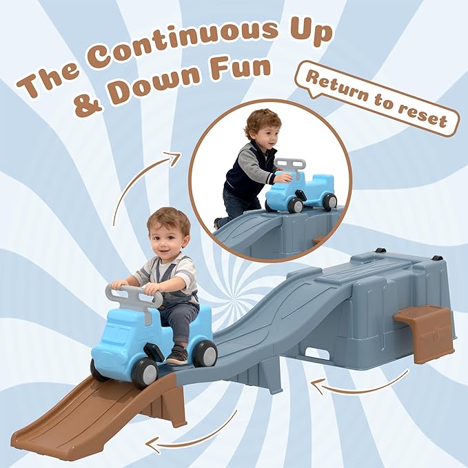 Up & Down Roller Coaster，Kids Ride On Toy，Toddler Push Car with Assembled Race Track & Storage Base Box, Indoor Outdoor Playset