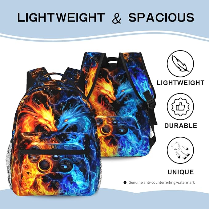 Nebcog School Backpack for Boys Dragon Gamer Boys Backpack for Kids Children Elementary Middle School Video Game Bookbag Backpacks for 6-18 Waterproof Lightweight 17 Inches Travel Back Pack