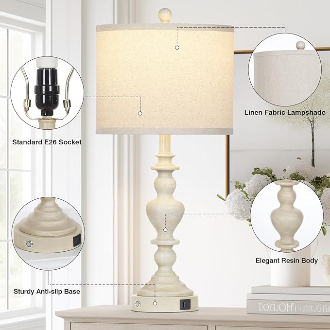 luxeflow 27" Farmhouse Table Lamps Set of 2, Vintage Bedside Lamps with USB A+C Charging Ports, 3-Way Dimmable Touch Control Traditional Nightstand Lamp for Living Room Beige (Bulbs Included)