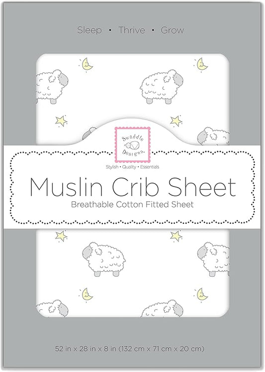 SwaddleDesigns Softest Cotton Muslin Fitted Crib Sheet/Toddler Sheet for Baby Boy & Girl, Sterling Little Lambs