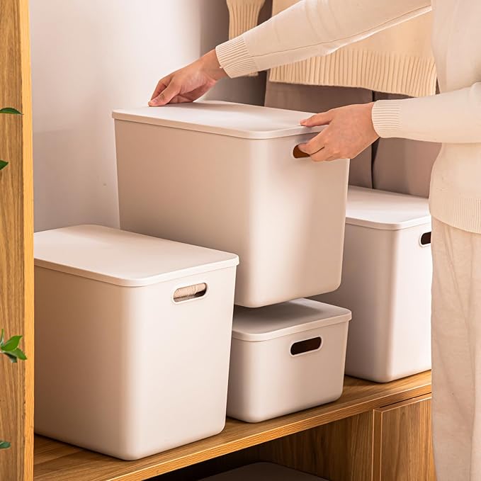 GUMEIGODA Plastic Storage Bins with lids,Storage Baskets,Container with handle,Storage Organizer Bins for Shelves,Office,Bedrooms,Closets, Cabinets(Grey，4XL)