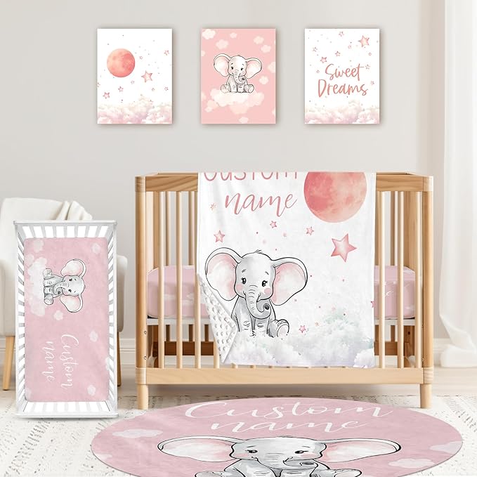 Personalized Baby Crib Bedding Set: 4 Piece Custom Starry Sky Elephant Crib Bed Set with Name, Nursery Bedding Set for Baby Girls, Newborn Boys Crib Sets, Crib Bedding Custom Gift, Crib Sheet
