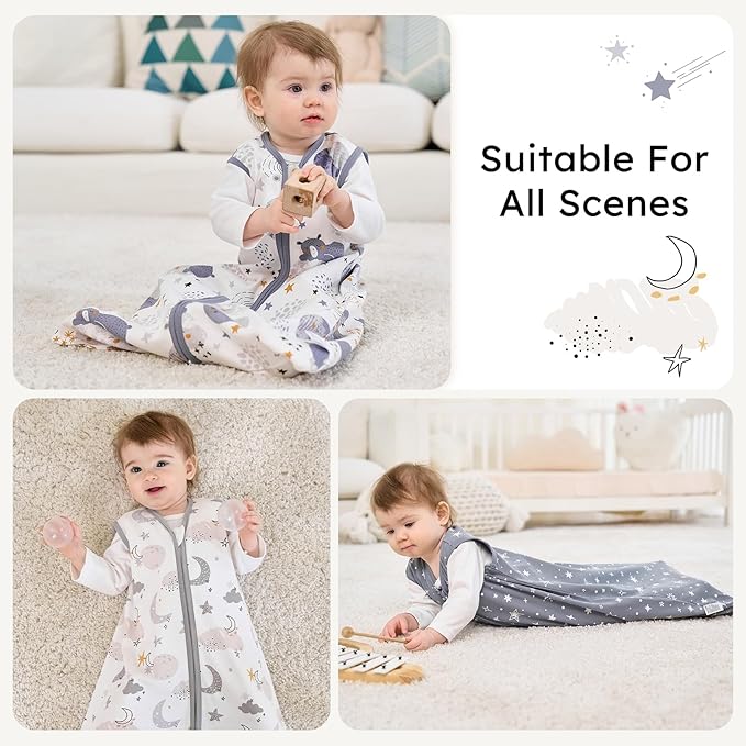 Baby Sleep Sack 6-12 months, 100% Cotton Sleeping Sack for Newborn and Infant, 3 Pack Baby Wearable Blanket for Boy and Girl, 0.5 Tog Lightweight Double Zipper Sleep Bag Grey Moon Bear