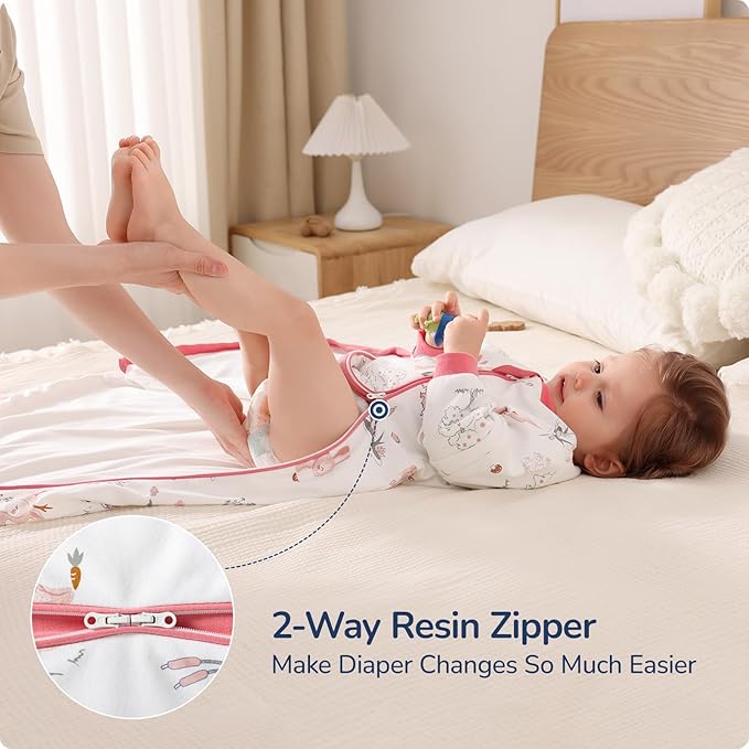Baby Sleep Sack 3–6 Months, Cotton Sleep Sack with Detachable Long Sleeves, 1.0 TOG Wearable Blanket for Cooler Nights, 2-Way Zipper Toddler Sleeping Sack with Temperature Strip, Bunny