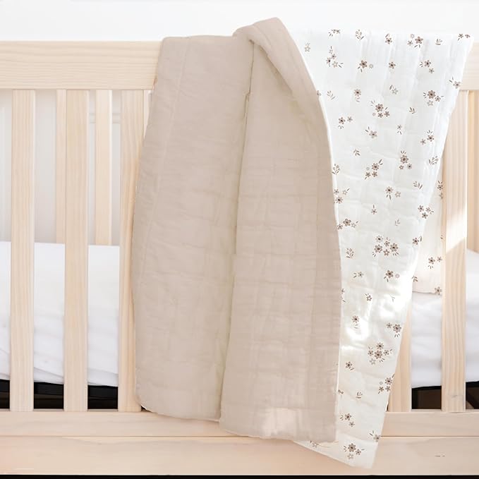MakeMake Organics Organic Baby Comforter GOTS Certified Organic Kids Blanket Cotton Infill Tufted - Reversible Ultra Soft Breathable Boys Girls (30"x40", Bloom + Solid Pecan)