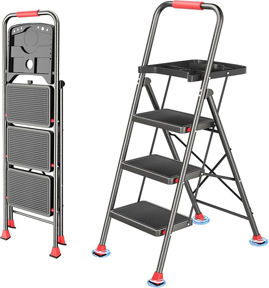 DIAMONDFORGE 3 Step Ladder, Folding Step Stool with Tool Platform, Wide Anti-Slip Pedal and Anti-Slip Feet, Sturdiest Steel Construction, 600lbs Capacity Steel Ladder for Home Office, Black Red