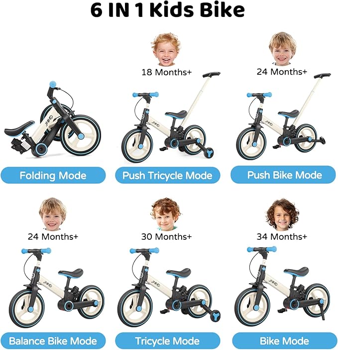 JMMD 6 in 1 Toddler Bike with Push Handle for Kids 18-60 Months, 12" Foldable Balance Bike with Training Wheels, Pedals, Brakes, Kickstand, Push Tricycle Toddler Gift & Toys for Boy & Girl