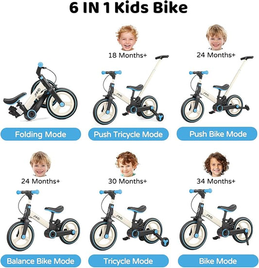 JMMD 6 in 1 Toddler Bike with Push Handle for Kids 18-60 Months, 12" Foldable Balance Bike with Training Wheels, Pedals, Brakes, Kickstand, Push Tricycle Toddler Gift & Toys for Boy & Girl
