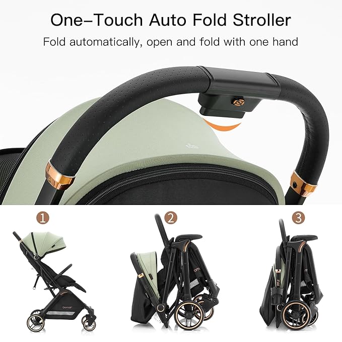 Gravity Folding Baby Stroller - Portable Travel Toddler Stroller w/Adjustable Backrest, Canopy & Cup Holder, Lightweight and UV Protected, One-Hand Automatic Folding - Green
