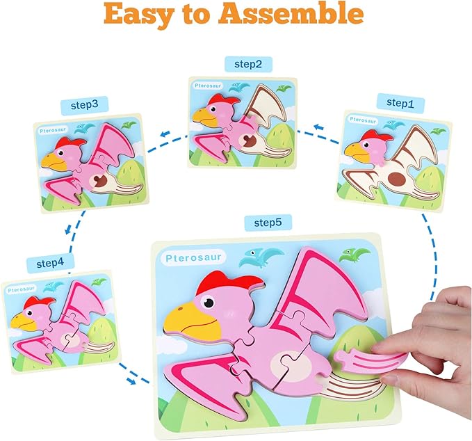 SYNARRY 6 Pack Dinosaur Wooden Puzzles for Kids 3-5, Wooden Puzzles for Toddlers, Dinosaur Puzzles for Toddlers 3 4 5 Year Old, Educational Preschool Puzzles Toys Gifts for Boys Girls