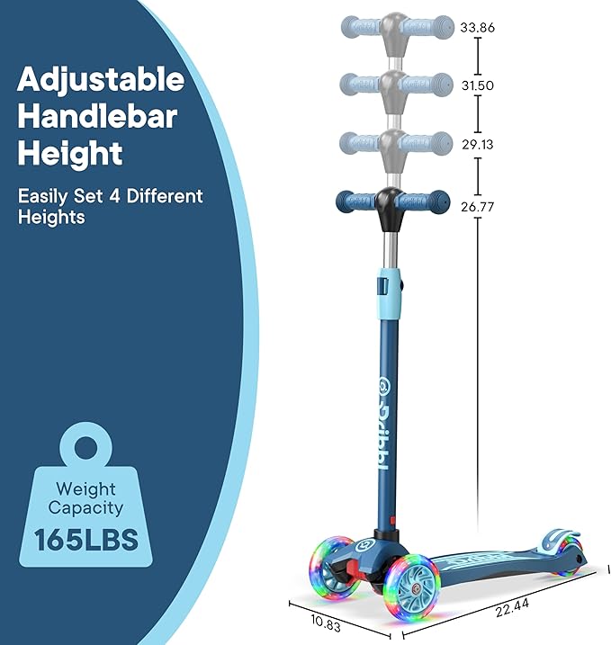 Dribbl 3-Wheel Kids Scooter - Lean-to-Steer Technology, Adjustable Height Handlebar, Wide Anti-Slip Deck, Scooter for Boys & Girls Ages 3+, Child Safety Approved, Support Riders Up to 165 lbs, Blue