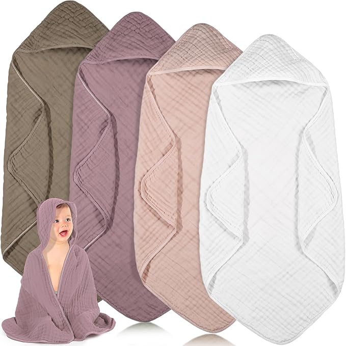 Peryiter 4 Pcs Muslin Hooded Baby Towels, 32x 32'' Cotton Newborn Bath Towel Muslin Infant Baby Blankets Absorbent Unisex Christmas Registry Gift Essentials for Girls Boys (Coffee)