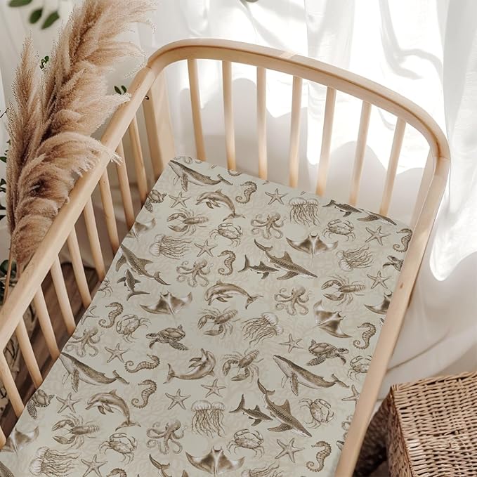 Retro Marine Animals Baby Crib Sheets Boy Girl 28"x52" Whale Dolphin Jellyfish Sea Horse Turtle Coral Soft Snug Fitted Crib Mattress Cover Ocean Animal Baby Sheet for Standard Crib & Toddler Mattress