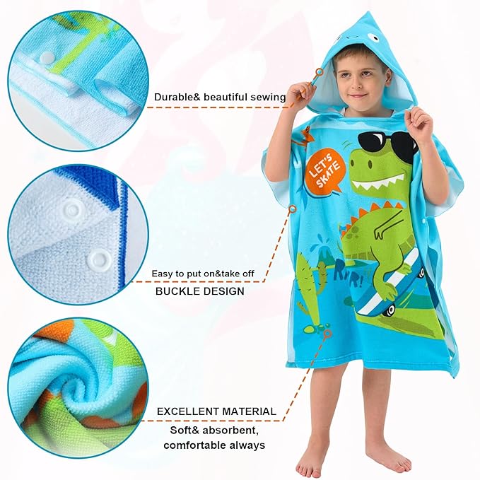 PINNKKU PINNKU Dinosaur Beach Towel with Hood for 2-10 Years, Soft Absorbent Hooded Bath Towels for Boys Girls, Toddler Pool Swim