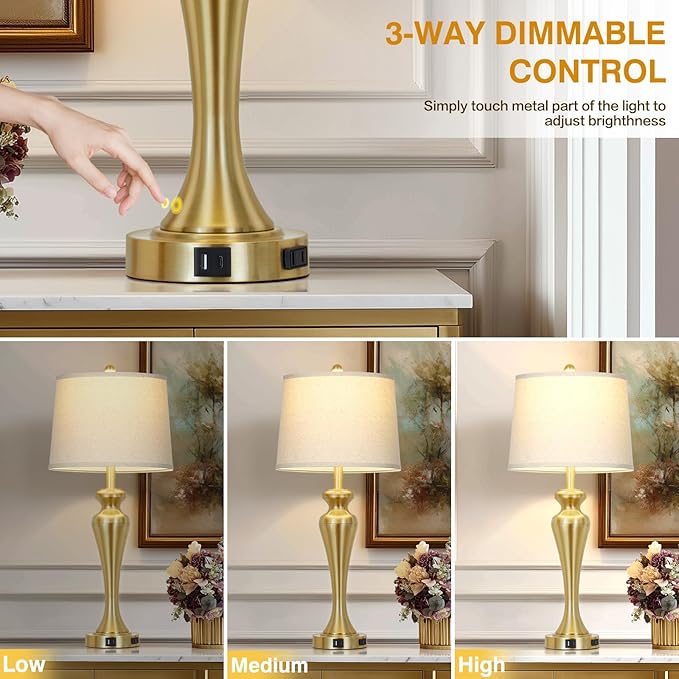 luxeflow 30" Gold Tall Table Lamps for Living Room, Touch Control Bedroom Lamp with USB A+C Ports and AC Outlet, 3-Way Dimmable Bedside Table Lamps Set of 2, Modern Metal Lamp for Nightstand