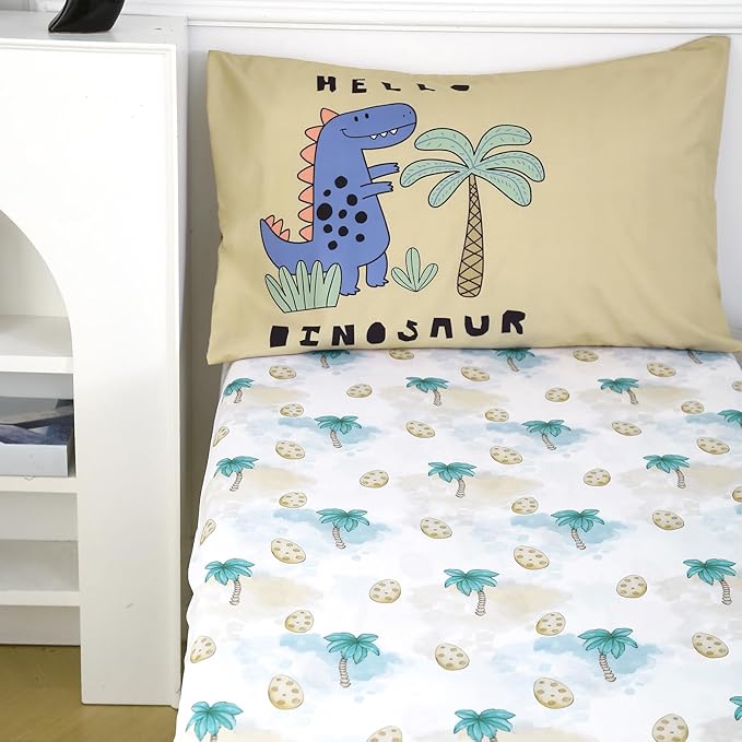 4 Piece Toddler Bedding Set - Ultra Soft Breathable Toddler Bedding Set for Boys, Includes Quilted Comforter, Flat Sheet, Fitted Sheet and Pillowcase(Dinosaur)