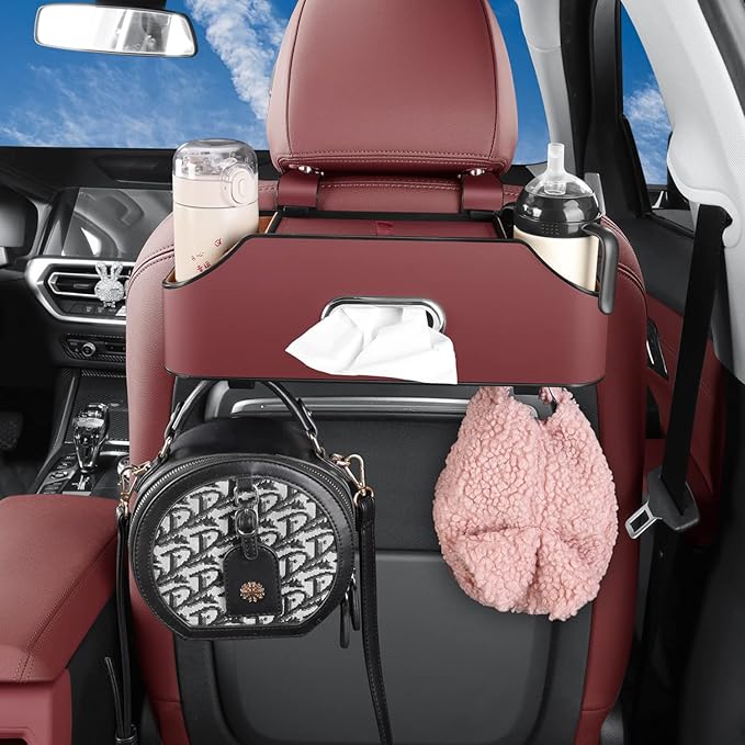 HALOYIVGO Car Seat Back Organizer - Stylish & Functional Storage for Family Adventures - Cup Holders, Tissue Box & Hooks - Perfect for Kids, Road Trips & Travel (Red)