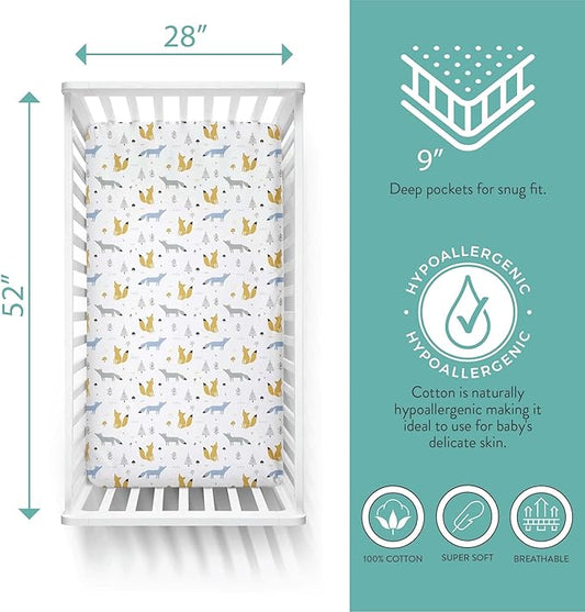 Featherhead™ 2-Pack Fitted Crib Sheets - 100% Cotton - 52" x 28" x 9" for Standard Crib and Toddler Mattress (Percale Blue Foxes)