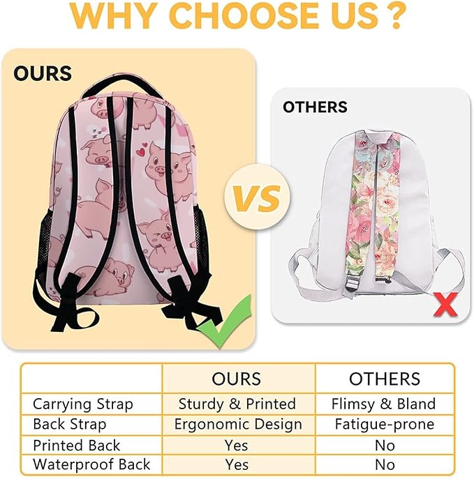 AIOMXZZ Pig Backpack with Lunch Box and Pencil Case, 16 Inch Cute Pig Bookbag Durable, Lightweight, Large Capacity, Funny Animal Backpack for School Girls Kids Women